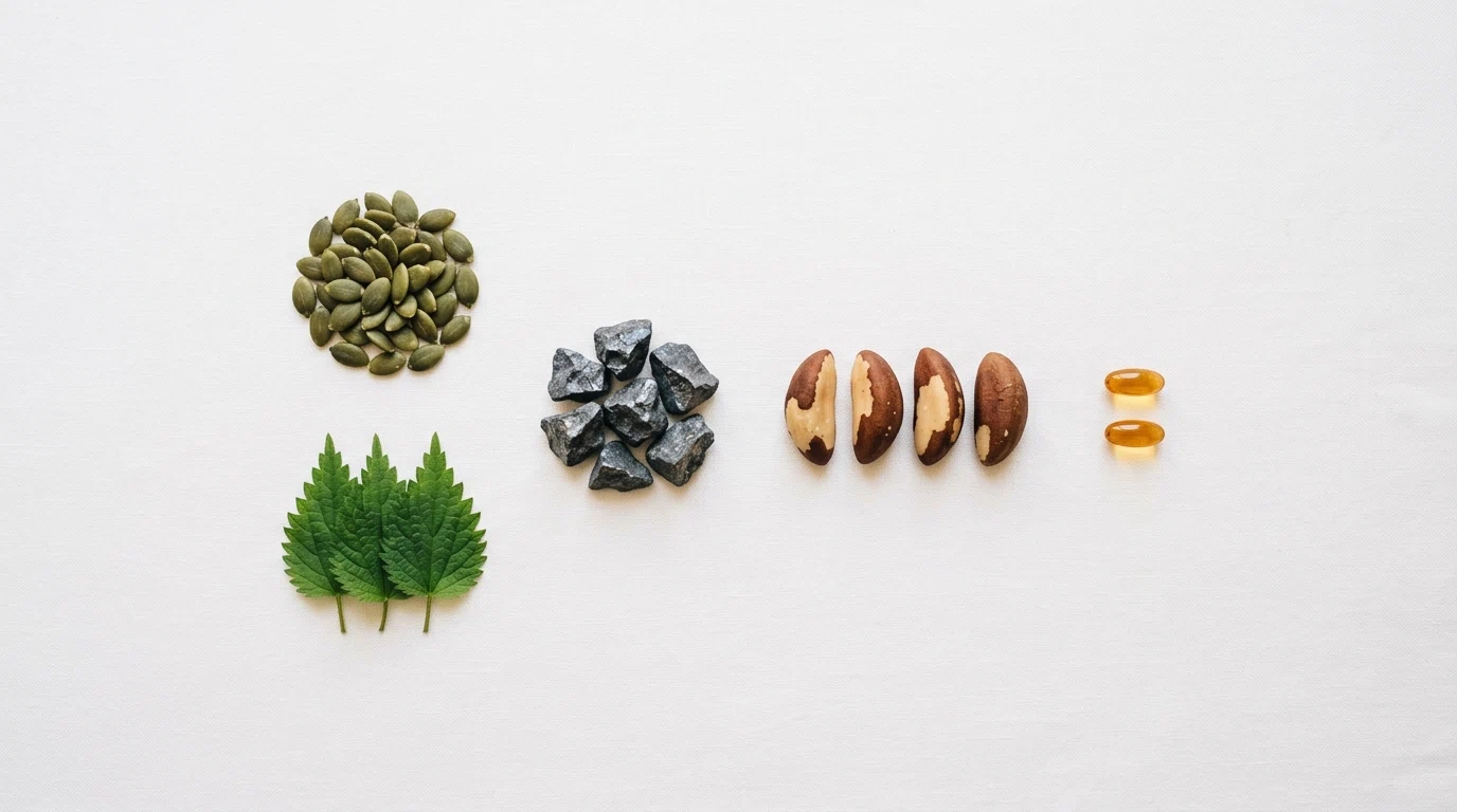 Flatlay van ingrediënten: pompoenpitten, brandnetel, zink, selenium, vitamine E