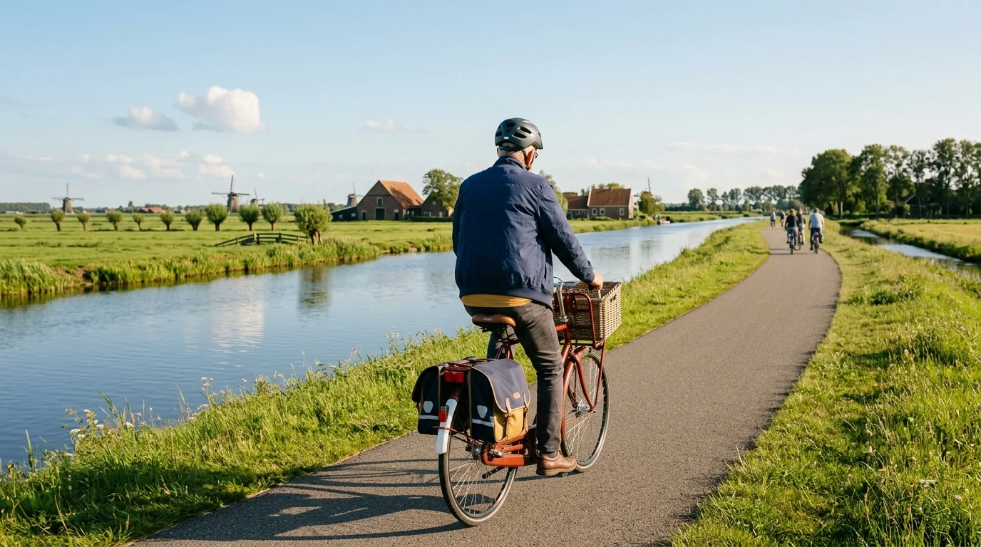 Anonieme man fietst op een zonnig fietspad langs de rivier, actieve leefstijl mannen 50 plus