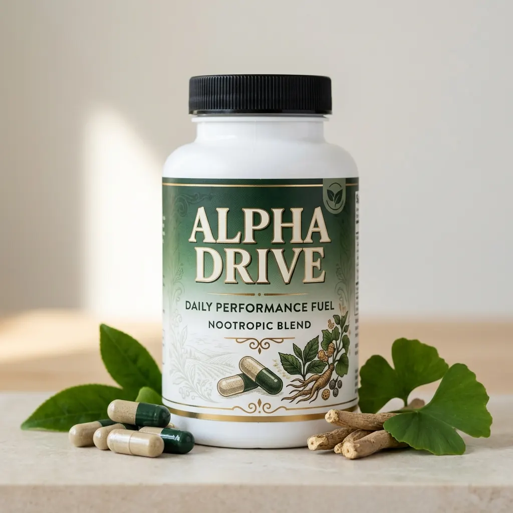 Alpha Drive voedingssupplement fles, wit met donkerblauwe en goudkleurige accenten
